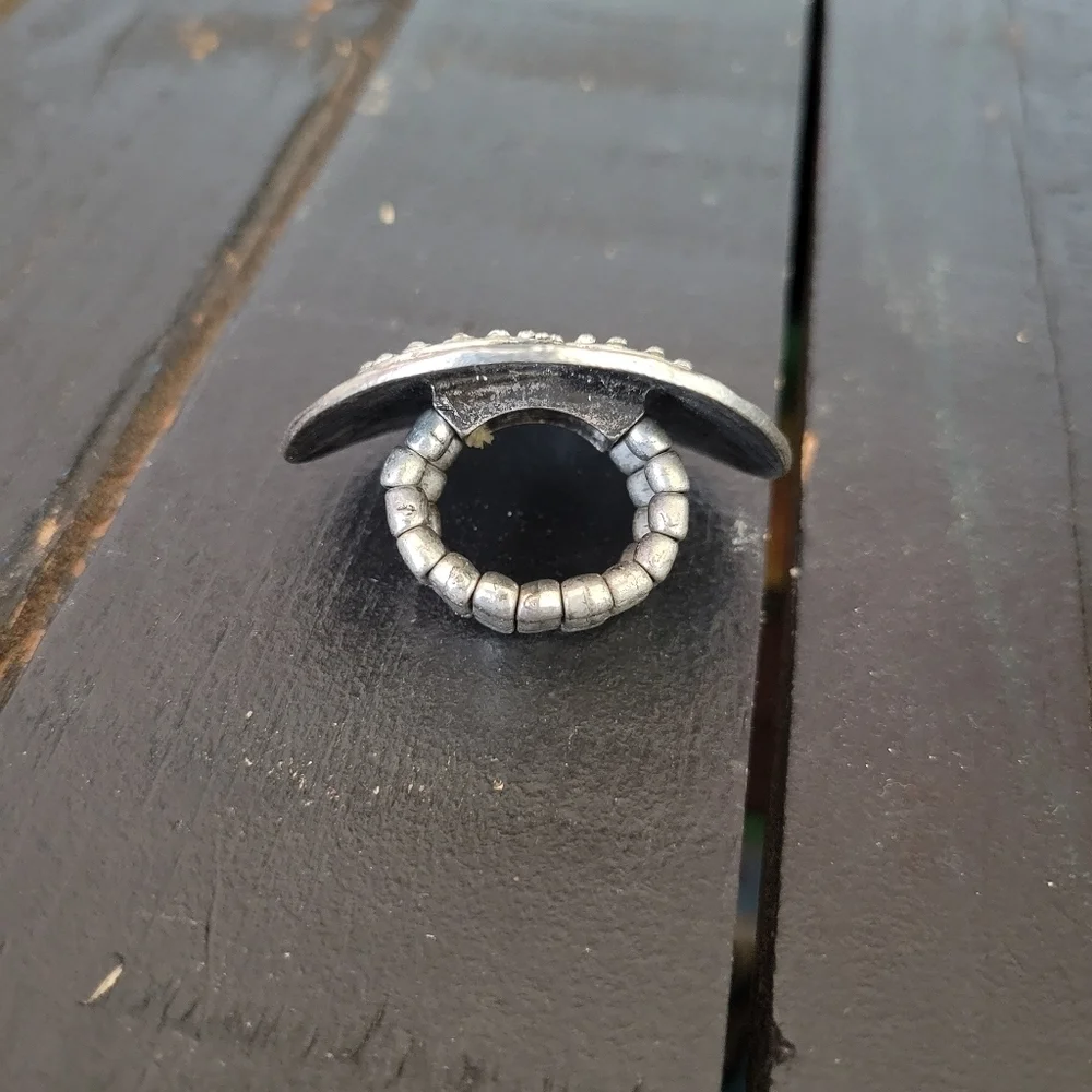 Hammered Heart Ring Circle Stretchy One Size Silver Rhinestone Large Statement